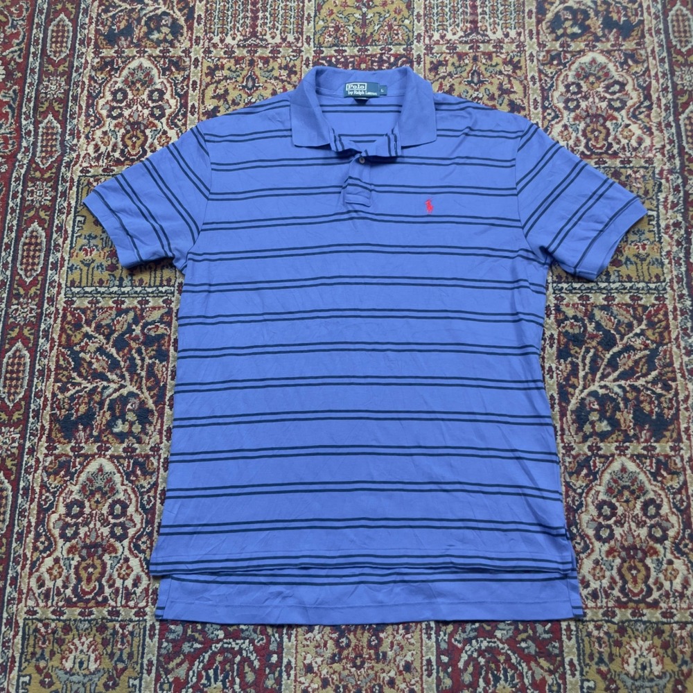 VTG 90s Polo Ralph Lauren L Blue Striped Short Sleeve Cotton Polo Shirt Red Pony